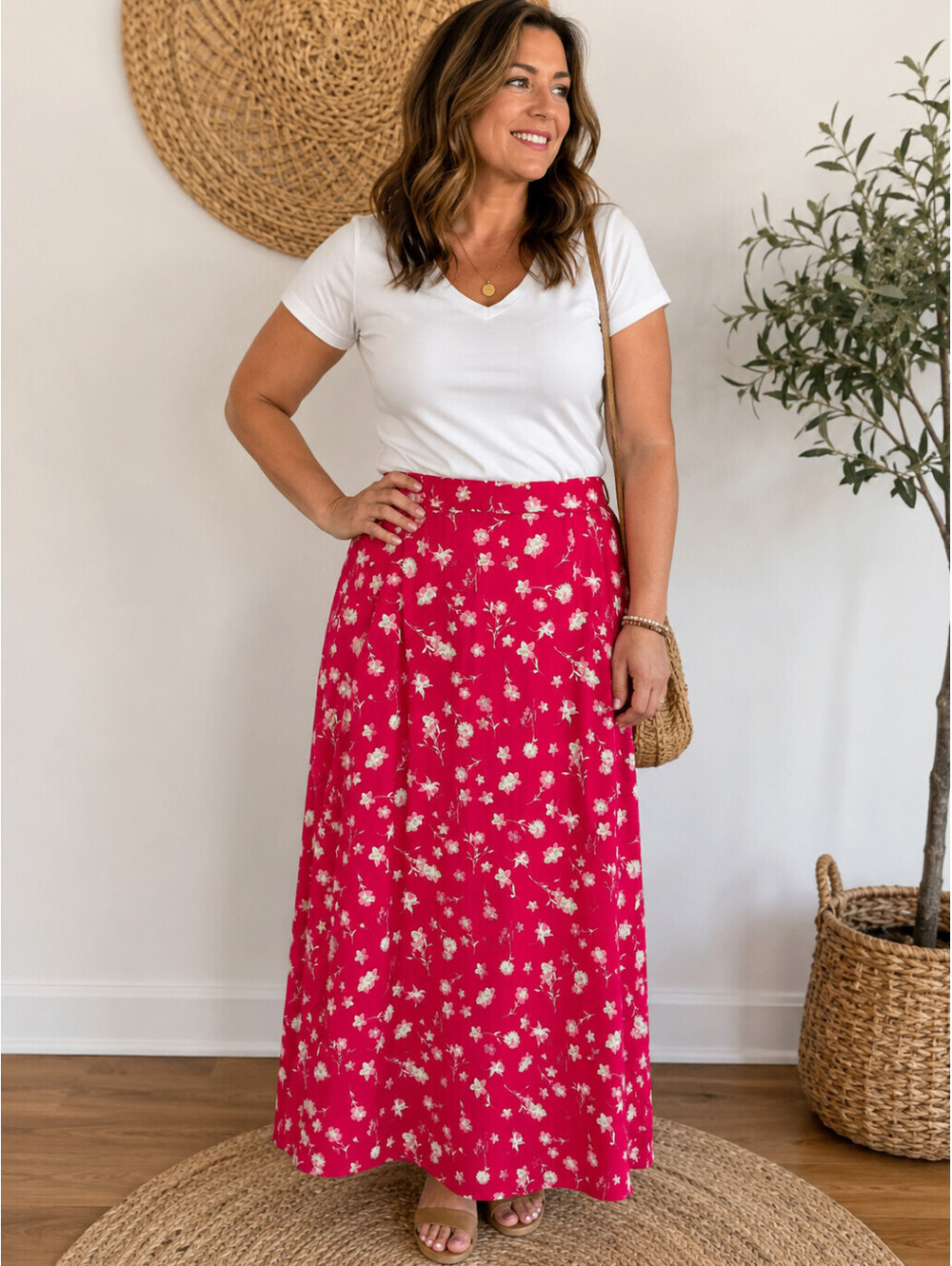 Christopher & Banks Womens Size 12 Hot Pink Floral Maxi Skirt High Rise Side
